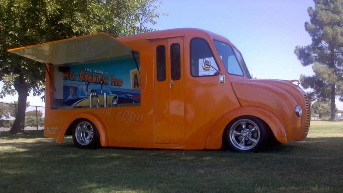 Side view of the Root Beer Float Mobile with its serving window open